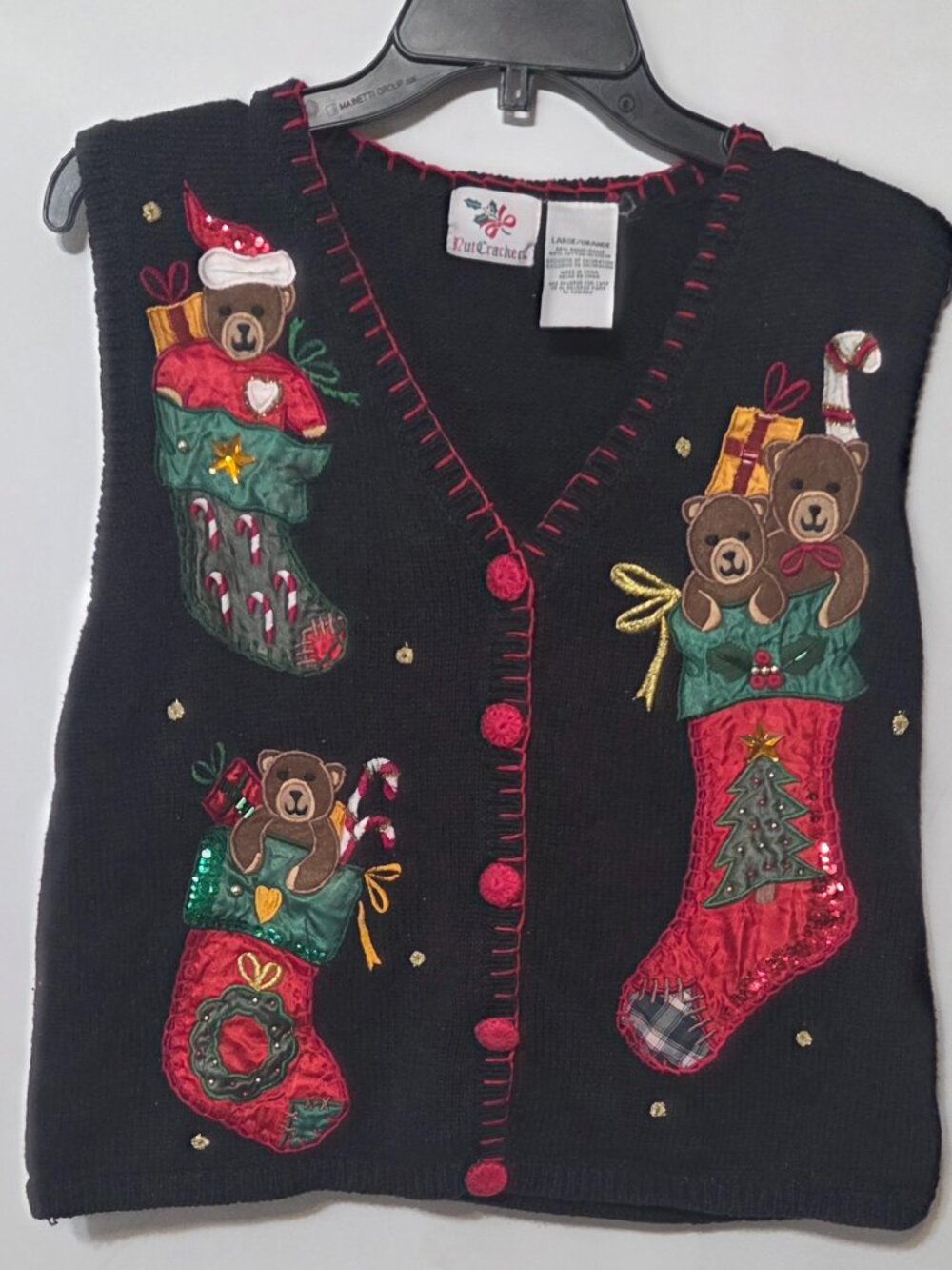 NUTCRACKER VTG Embroidered Christmas Sweater Vest L Teddy Stocking Appliqué 90's